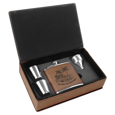 6 oz. Dark Brown Laserable Leatherette Flask Gift Set