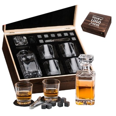 Whiskey Decanter Glass Wooden Box Set W/ Accessories