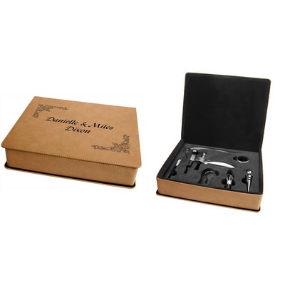5 Piece Wine Tool Set, Light Brown Faux Leather