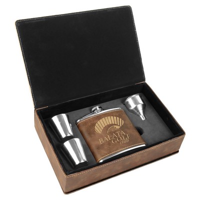 6 oz. Rustic/Gold Laserable Leatherette Flask Gift Set