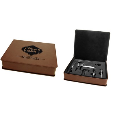 5 Piece Wine Tool Set, Dark Brown Faux Leather