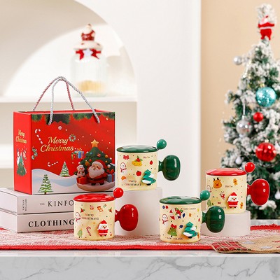 Christmas Ceramic Mug Set with Lid and Spoon