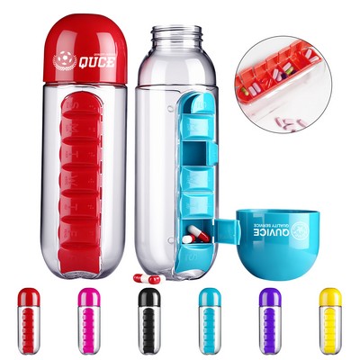 20 OZ Portable 7-Day 2-In-1 Plastic Pill Case With Water Bottle