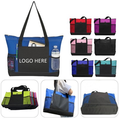 Large 600D Oxford Tote Bag with Zipper and Mesh Pockets