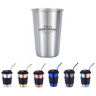 12oz Stainless Steel Cups with Lids Sleeves & Straws
